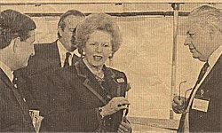The Prime Ministerial visit, 1990. Nicholas Bennett MP and Mr Govan Davies explain Pembroke Dock's economic development to Mrs Thatcher.